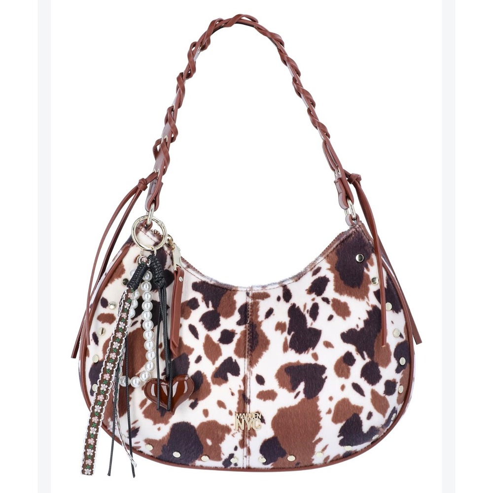 Madden NYC Shoulder Bag Womens OS Brown Cow Print NWT Faux Fur Studded Charms